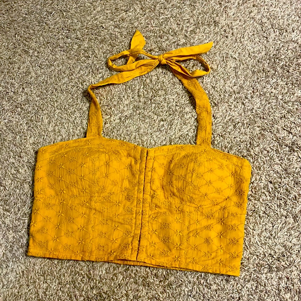 American Eagle tie halter top with eyelet design, mustard yellow, size medium